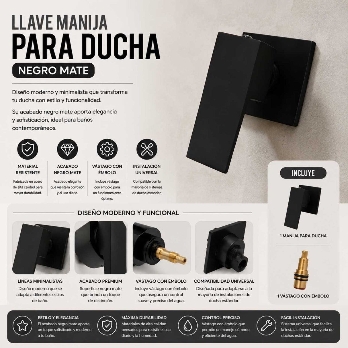 Manija para Ducha Empotrada Negra Mate 9.5 x 7 cm Diseño Cuadrado Moderno