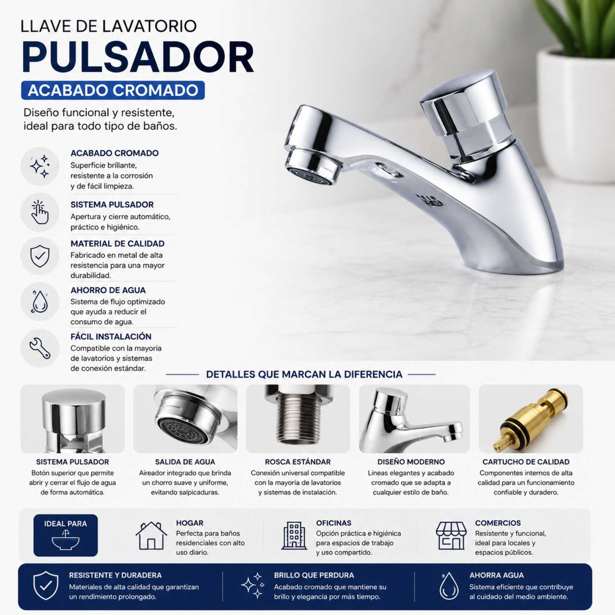 Llave Lavamanos Push Cromada con Cierre Automático | Grifería Temporizada para Baño
