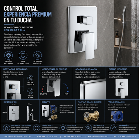 Combo Ducha Cromada Monocontrol + Regadera 20 × 20 cm + Brazo 40 cm + Teleducha