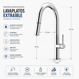 Grifería Lavaplatos Extraíble Cromada 37 cm | Monocontrol Cuello Alto Giro 360°
