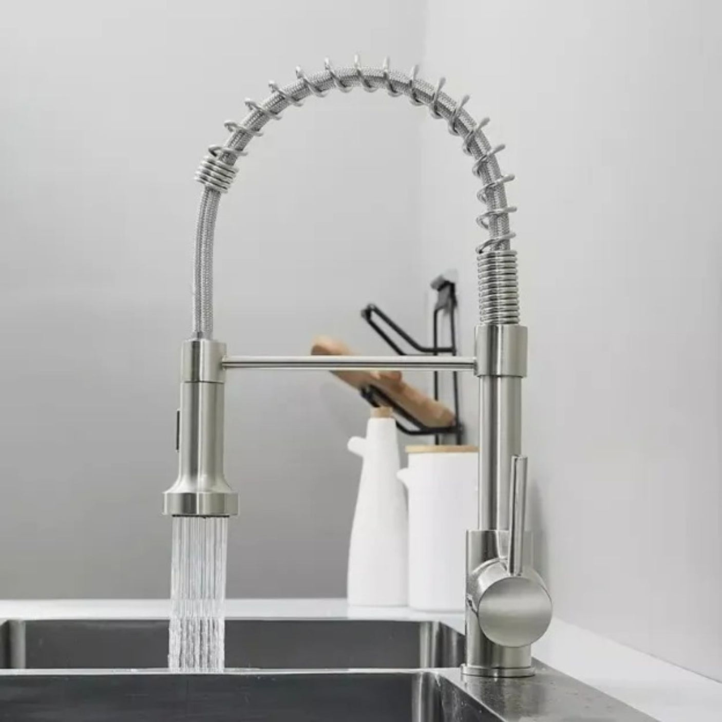 Grifería Lavaplatos Extraíble Flexible En Níquel Cepillado Con Doble Función Y Giro 360°