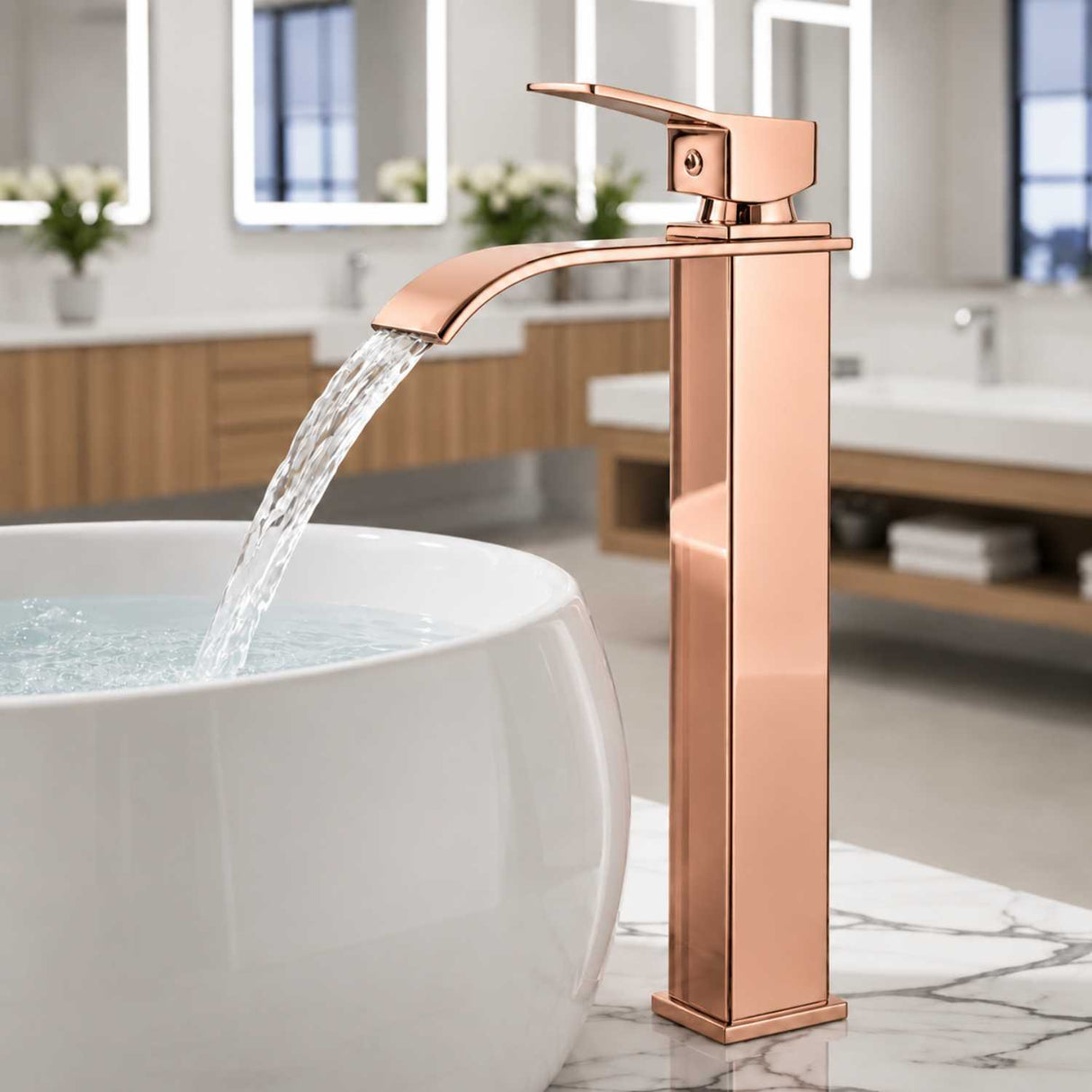 Grifería Lavamanos Alto Milán Oro Rosa Brillante 30 cm Tipo Cascada Monocontrol para Vessel
