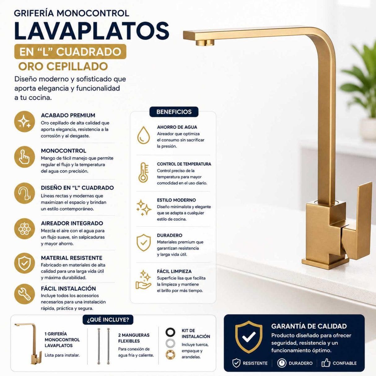 Grifería Monocontrol Lavaplatos Cuello L Cuadrado Oro Cepillado 35 cm Acero Inoxidable
