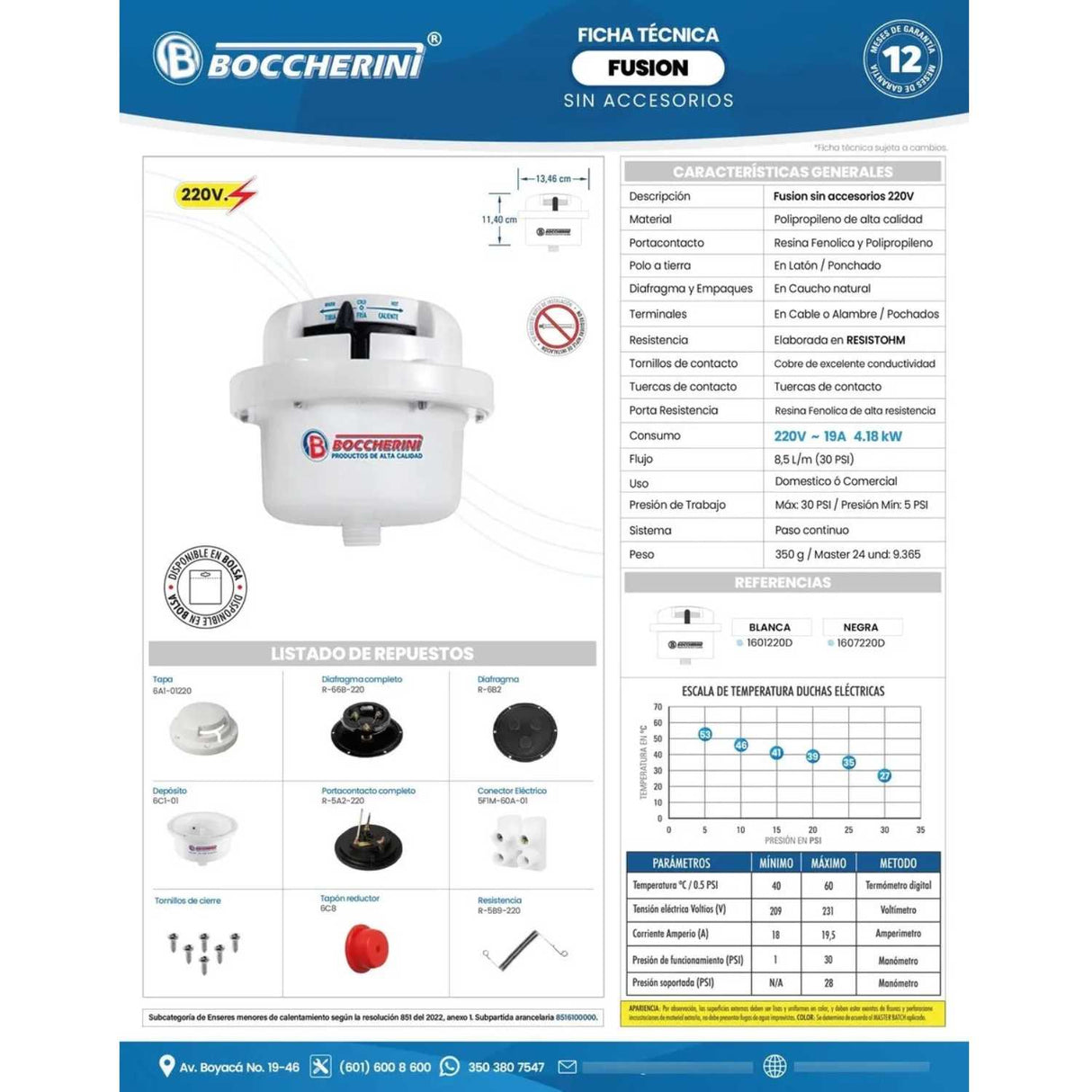 Ducha Eléctrica Boccherini Fusion Dirigible 220V Blanca 3 Niveles de Temperatura