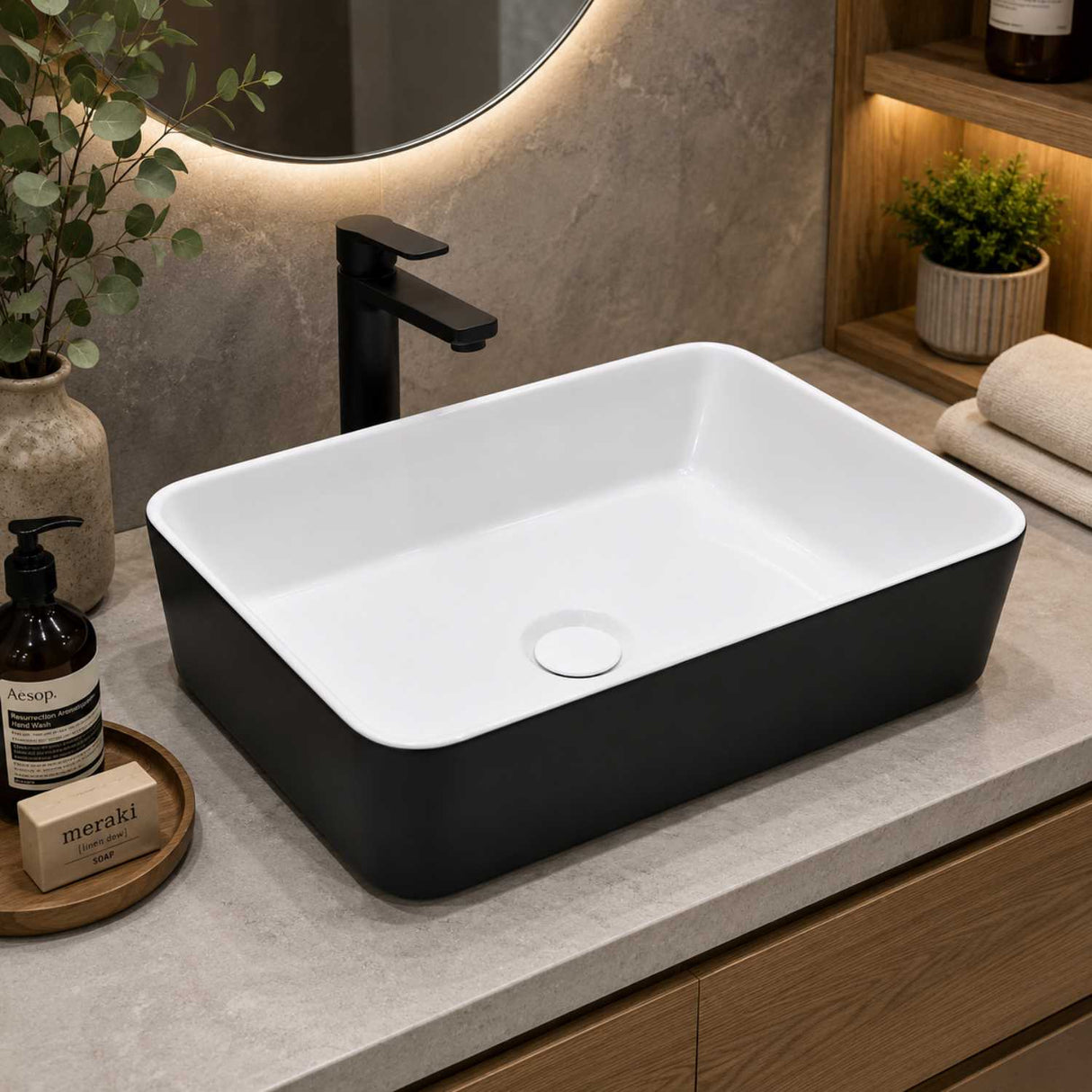 Lavamanos de Sobreponer Blanco Negro Porcelana 50 x 39 x 15 cm Rectangular para Baño