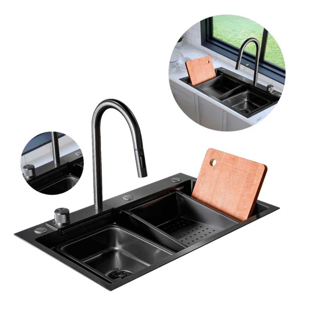 Lavaplatos Sobreponer SUS304 Negro Mate 75 x 46 x 20 cm con Grifería y Accesorios