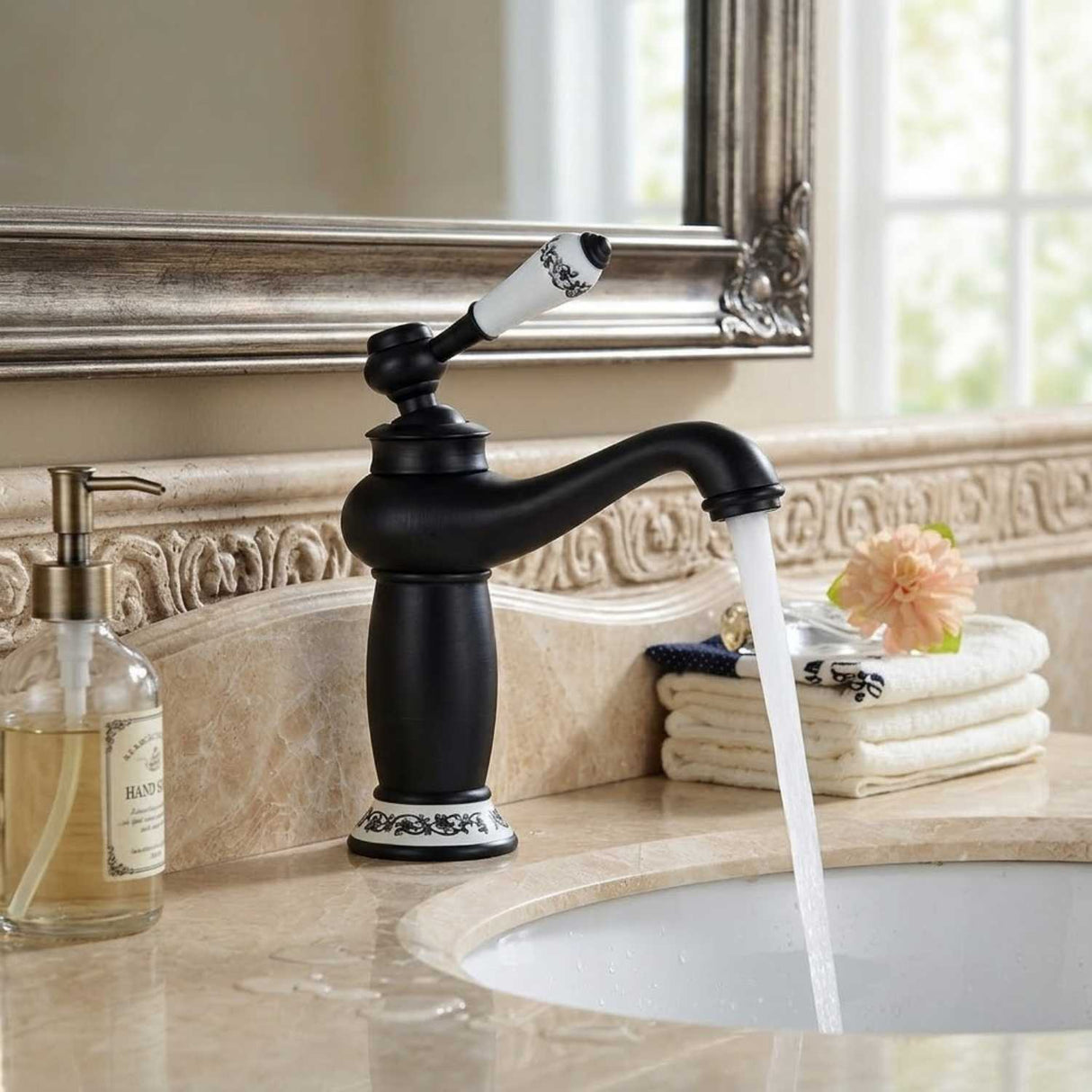 Grifería Lavamanos Bajo Negro Blanco Monocontrol Vintage para Baño