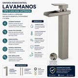 Grifería Monocontrol Lavamanos Alta Cascada Gris Satinado 30 cm Diseño Moderno