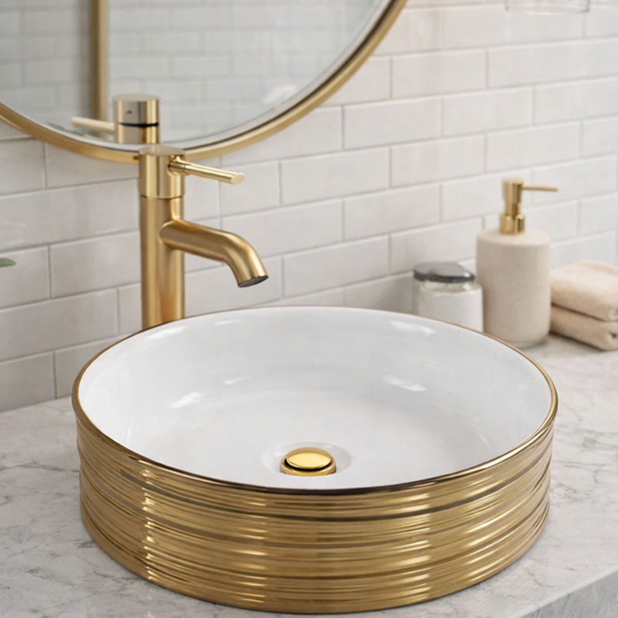Lavamanos Barsu Sobreponer Blanco Dorado 39 x 39 x 13 cm