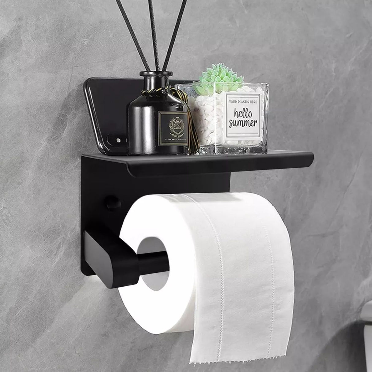 Porta Rollo con Soporte para Celular - Negro Mate en Acero Inoxidable SUS 304