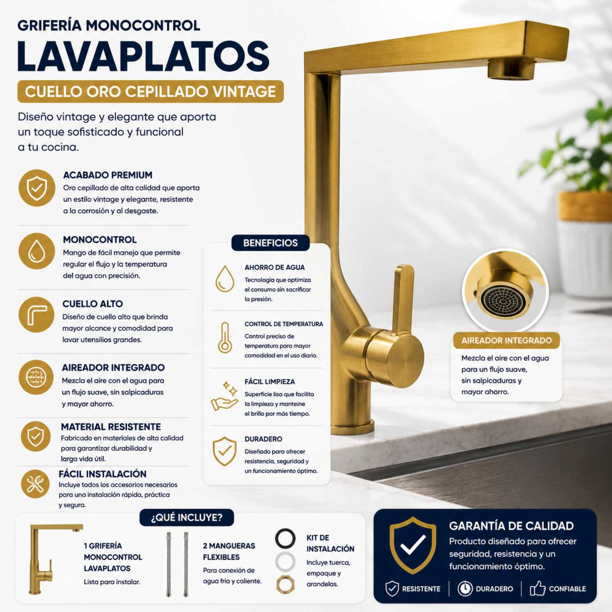 Grifería Monocontrol Lavaplatos Tipo L Oro Cepillado Cocina Moderna de Lujo