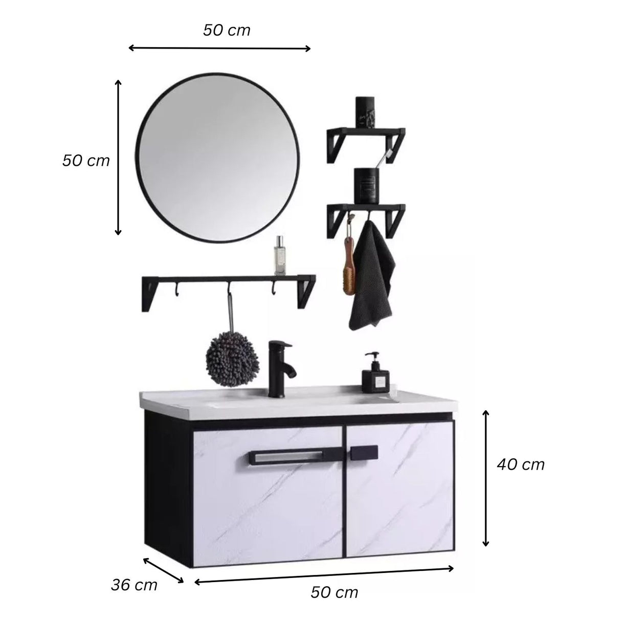 Set Lavamanos + Espejo PVC Negro/Blanco - Mueble 2 Puertas Moderno
