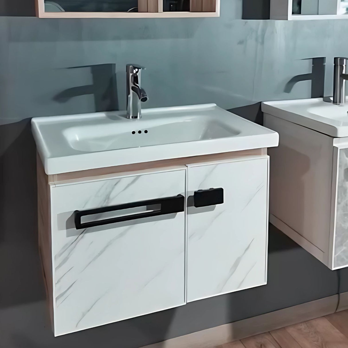Set Lavamanos Espejo PVC Resistente Humedad - Mueble 2 Puertas Gris Mármol