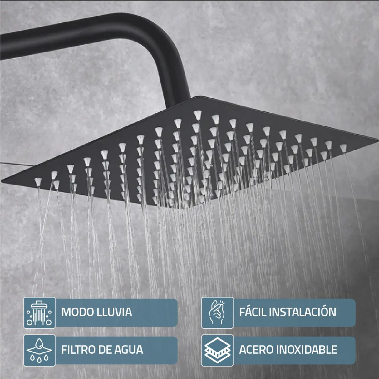Ducha Regadera Cuadrada Color negro 25cm +Tubo