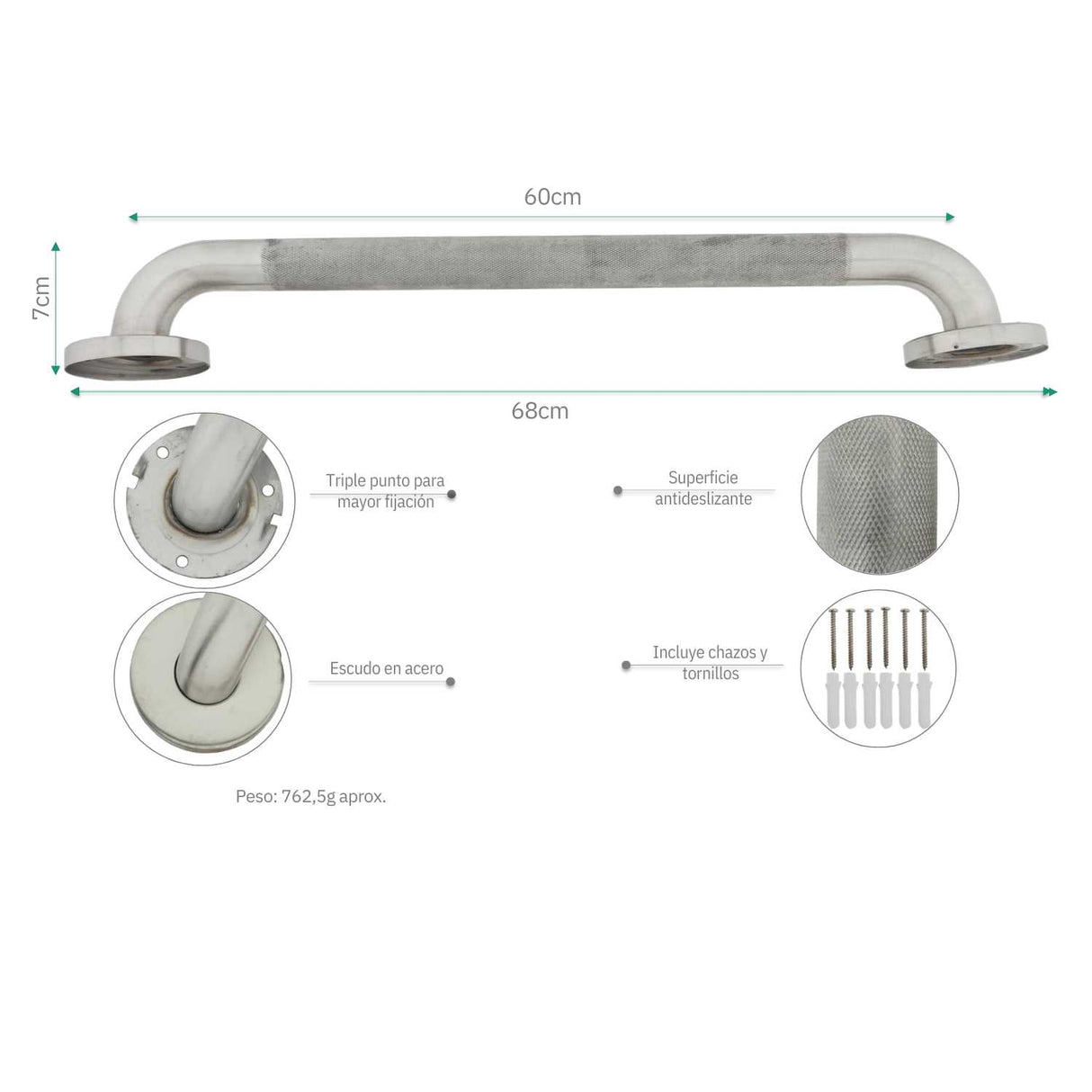 Barra De Seguridad Sus304 Grafilada - 60cm | Seguridad En Acero Inoxidable Satinada (Copia)