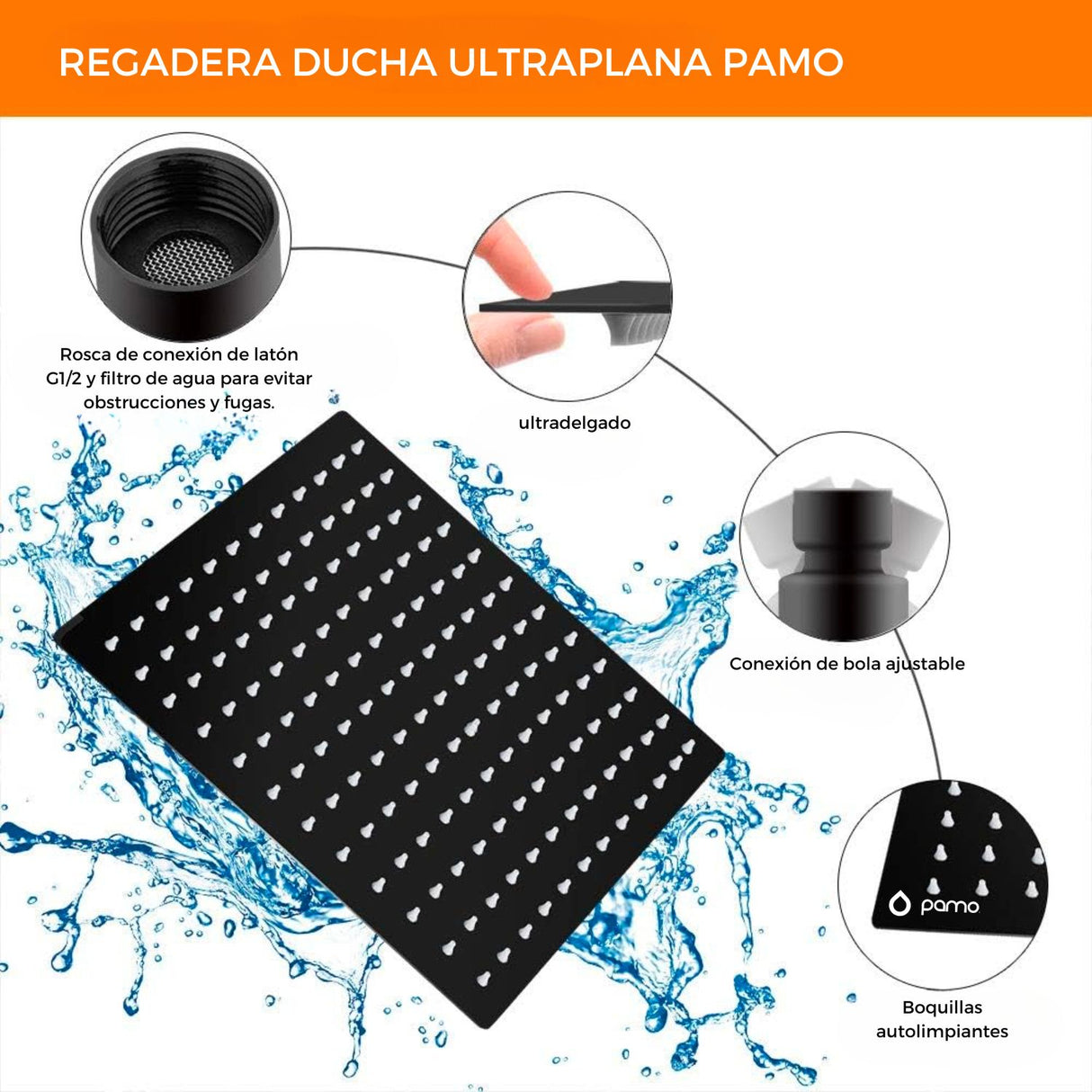 Ducha Regadera Cuadrada Color negro 15cm +Tubo