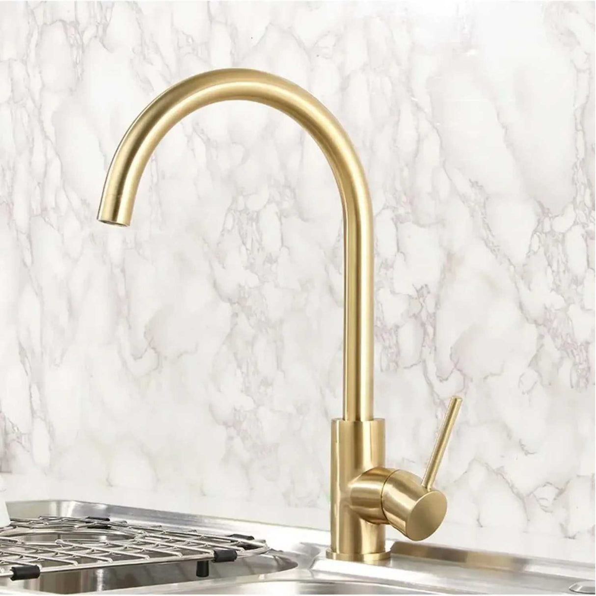 Grifería Lavaplatos Cuello Cisne Oro Cepillado Monocontrol 32 cm Alta para Cocina