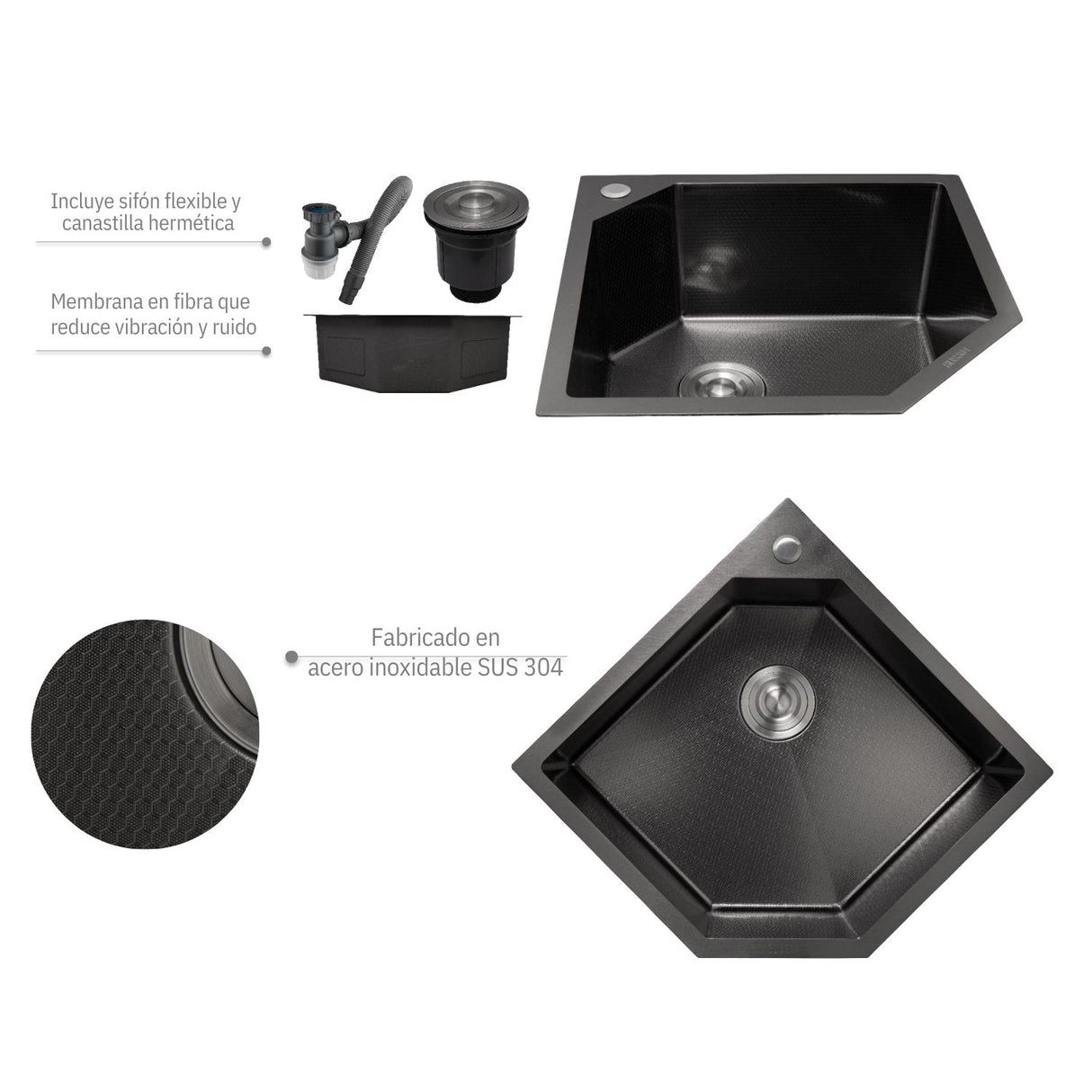 Lavaplatos de Lujo Esquinero Negro en Acero SUS304 - 50x50 cm