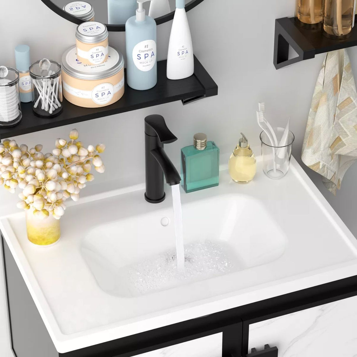 Set Lavamanos + Espejo PVC Negro/Blanco - Mueble 2 Puertas Moderno