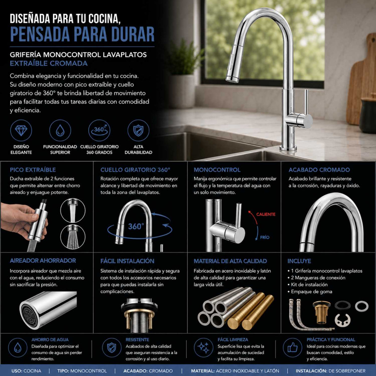 Grifería Lavaplatos Extraíble Cromada 37 cm | Monocontrol Cuello Alto Giro 360°