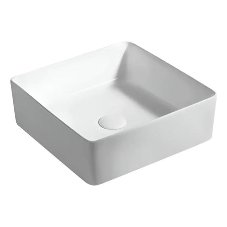 Lavamanos de porcelana blanco cuadrado, vista del interior y desagüe