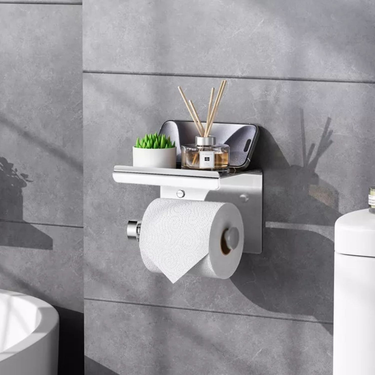 Porta Rollo con Soporte para Celular - Cromado en Acero Inoxidable SUS 304