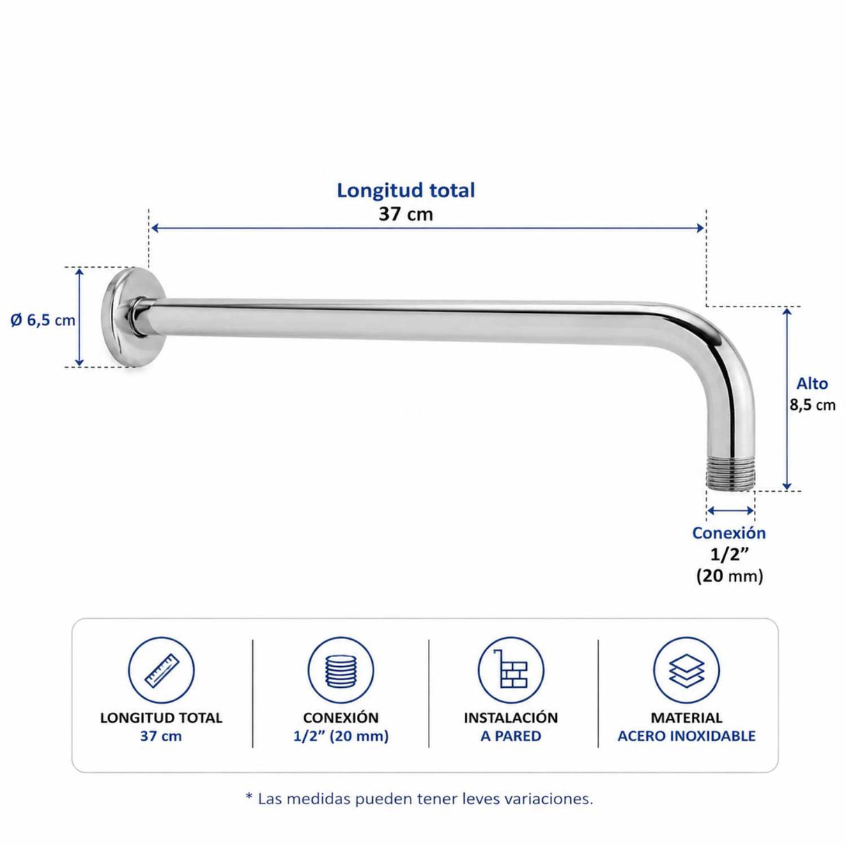 Tubo para Regadera de Pared 37 cm en Acero Inoxidable Cromado 1/2”