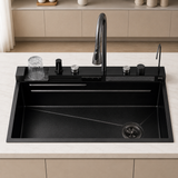 Lavaplatos inteligente Pamo negro 75 × 46 cm en acero inoxidable 304 con grifería multifunción y accesorios móviles