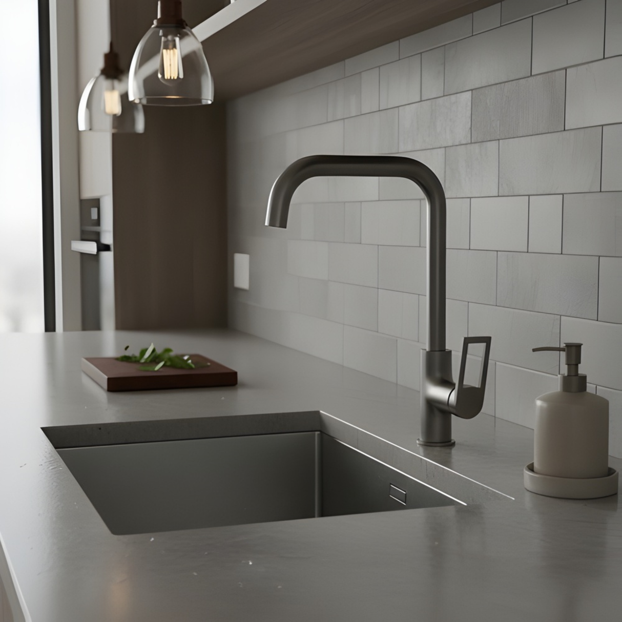 Grifería Monomando Spacco Alto Gris Concreto Cuello Acero In