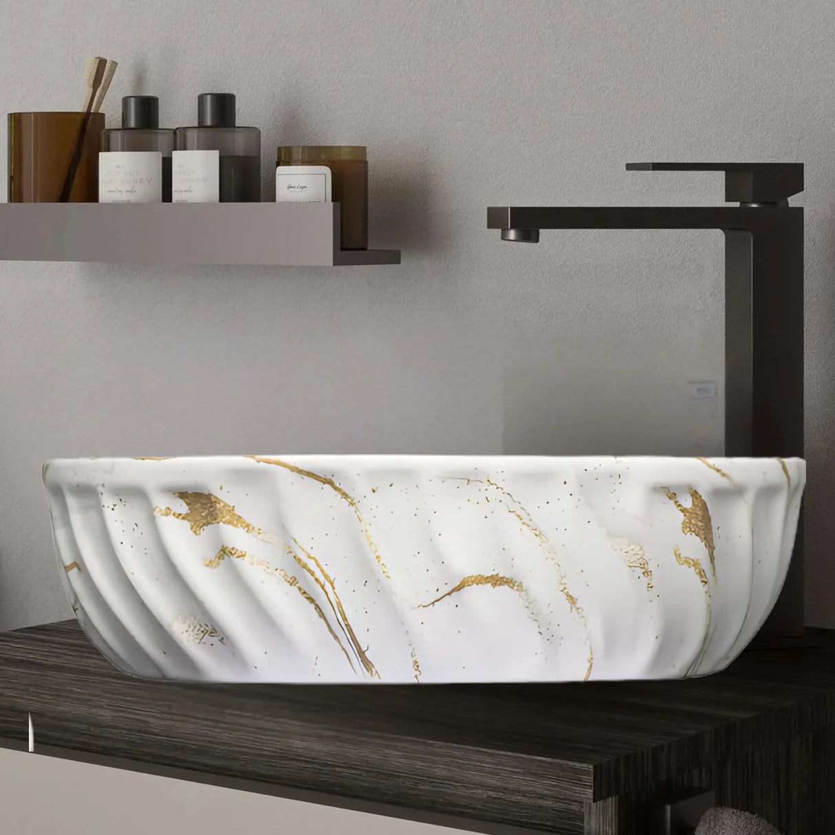 Lavamanos Ceramica Sobreponer Texturizado Blanco Dorado