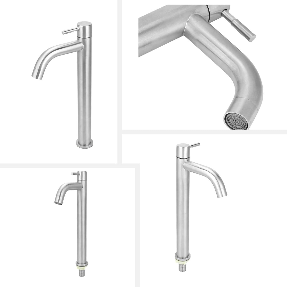 Kit Grifería Lavamanos Poste Alto Agua Fría + Sifón Desagüe Push Flexible Corrugado - Acero Inoxidable y Cromado