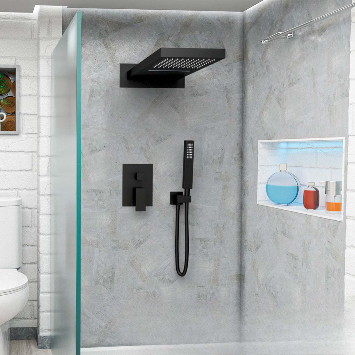 Kit Regadera Ducha Rectangular Empotrada Monomando con Ducha de Mano Negro o Gris