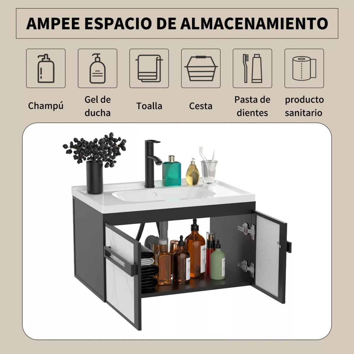 Set Lavamanos + Espejo PVC Negro/Blanco - Mueble 2 Puertas Moderno