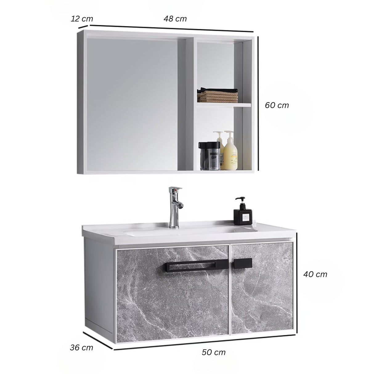 Set Lavamanos Espejo PVC Resistente Humedad - Mueble 2 Puertas Gris Mármol