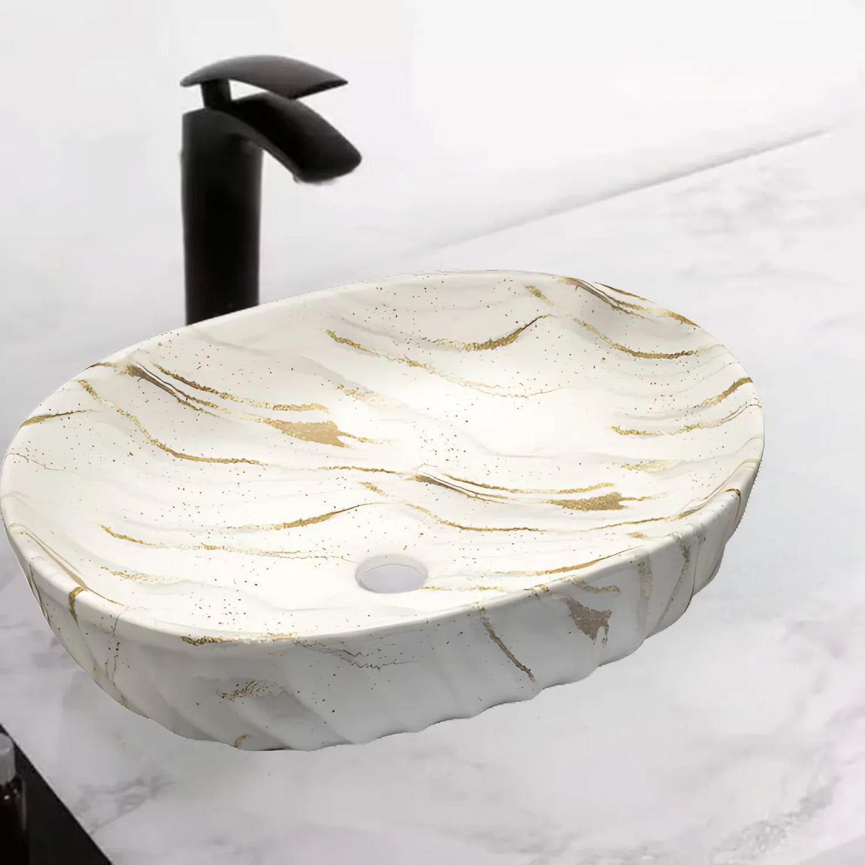 Lavamanos Ceramica Sobreponer Texturizado Blanco Dorado