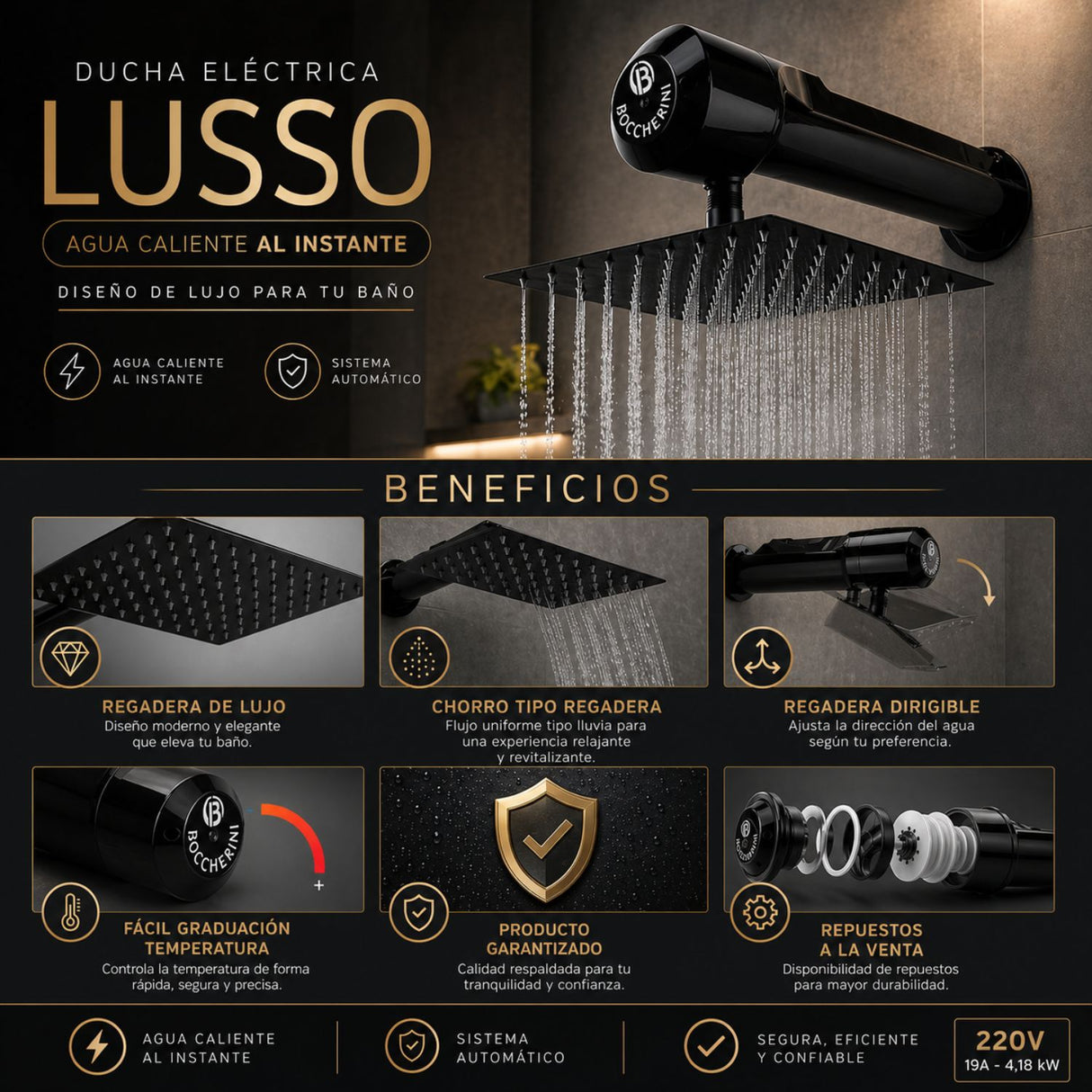 Ducha Eléctrica Horizontal Lusso Negra 220V con Regadera de 8” – Agua Caliente Instantánea
