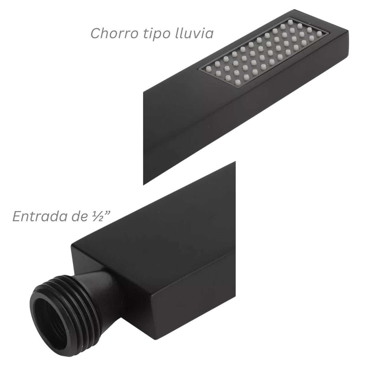 Mango Teleducha Slim Alargada Negra en Acero Inoxidable (SUS304), Entrada de ½”, Chorro Tipo Lluvia