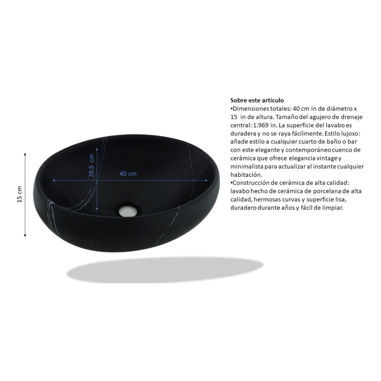 Lavamanos Canoa Negro Mate Premium 40 cm