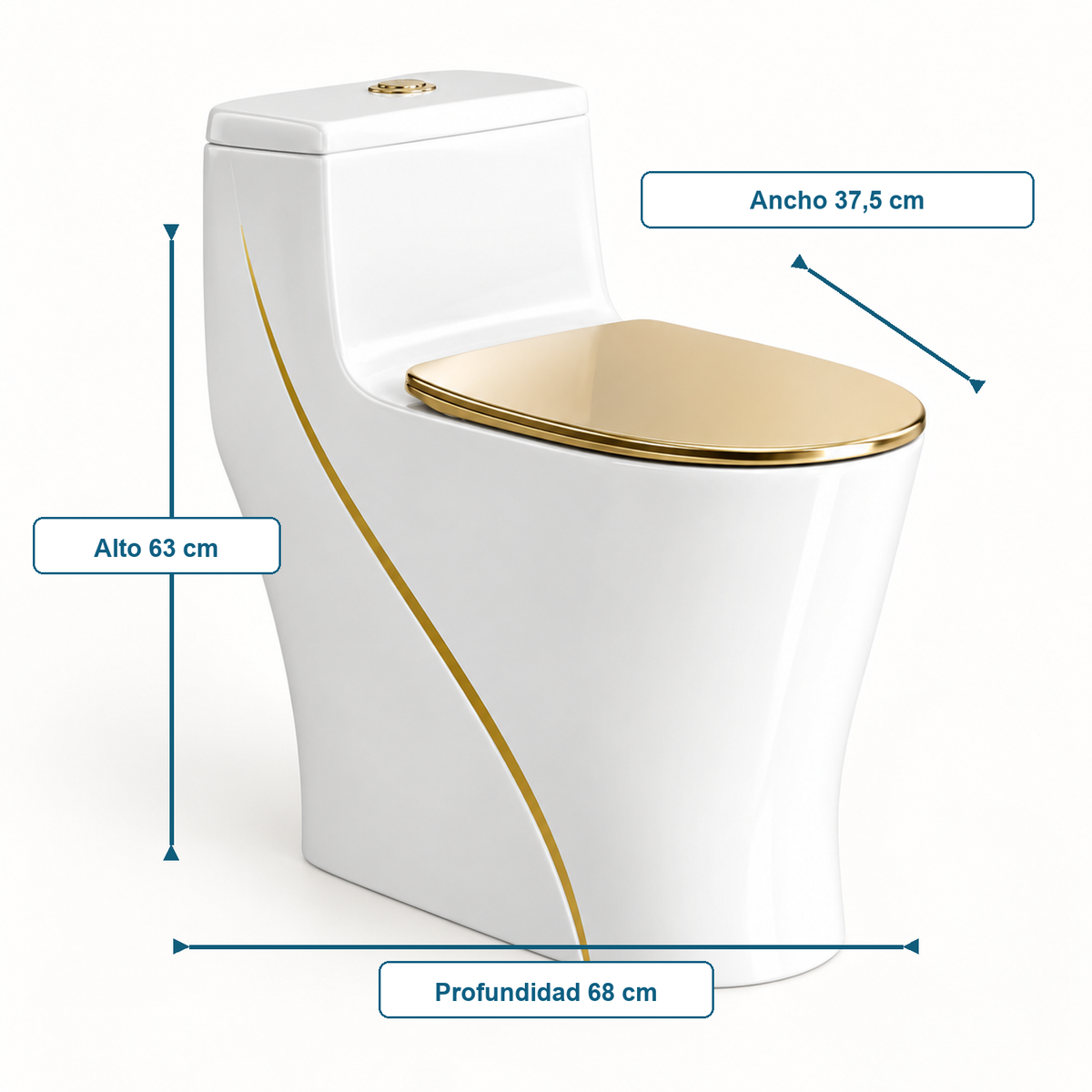 Sanitario One Piece S-Trap 300 mm con Líneas Doradas 68 x 37,5 x 63 cm - medidas