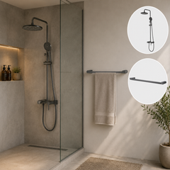 Combo Columna de Ducha Lusso Gris Concreto + Toallero Kassel 60 cm