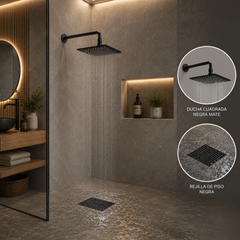 Combo Baño Negro 3 Piezas con Regadera Cuadrada 30 cm, Tubo Tipo L 40 cm y Rejilla Antiolores 10 x 10 cm