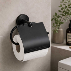 Porta Rollo con Tapa Negro Mate para Baño | Accesorio Moderno y Elegante
