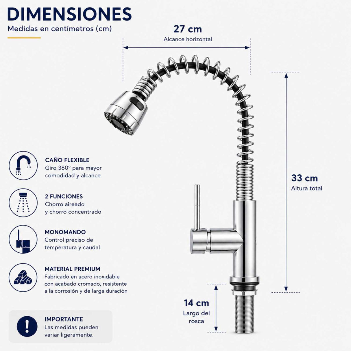 Grifería Monocontrol Lavaplatos Semi Industrial Satin con Cabezote Extraíble 33 cm Acero 304