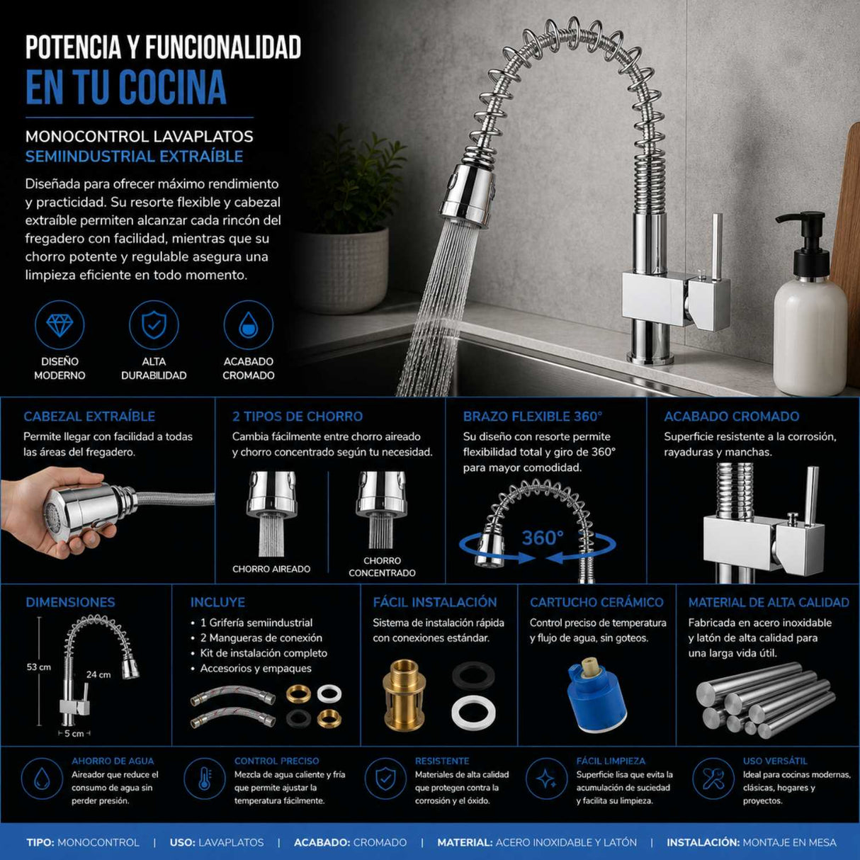 Monocontrol Lavaplatos Semi Industrial Cromado con Cabezote Extraíble | Grifería Moderna para Cocina