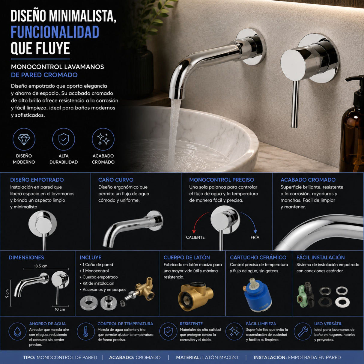Grifería Monocontrol Lavamanos Pared Cromado 20 cm | Diseño Moderno para Baño Elegante