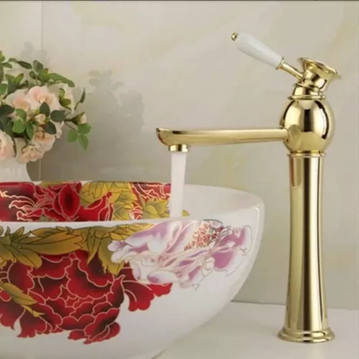 Grifería Monocontrol Lavamanos Alto Oro con Manija en Porcelana | Diseño Vintage Elegante