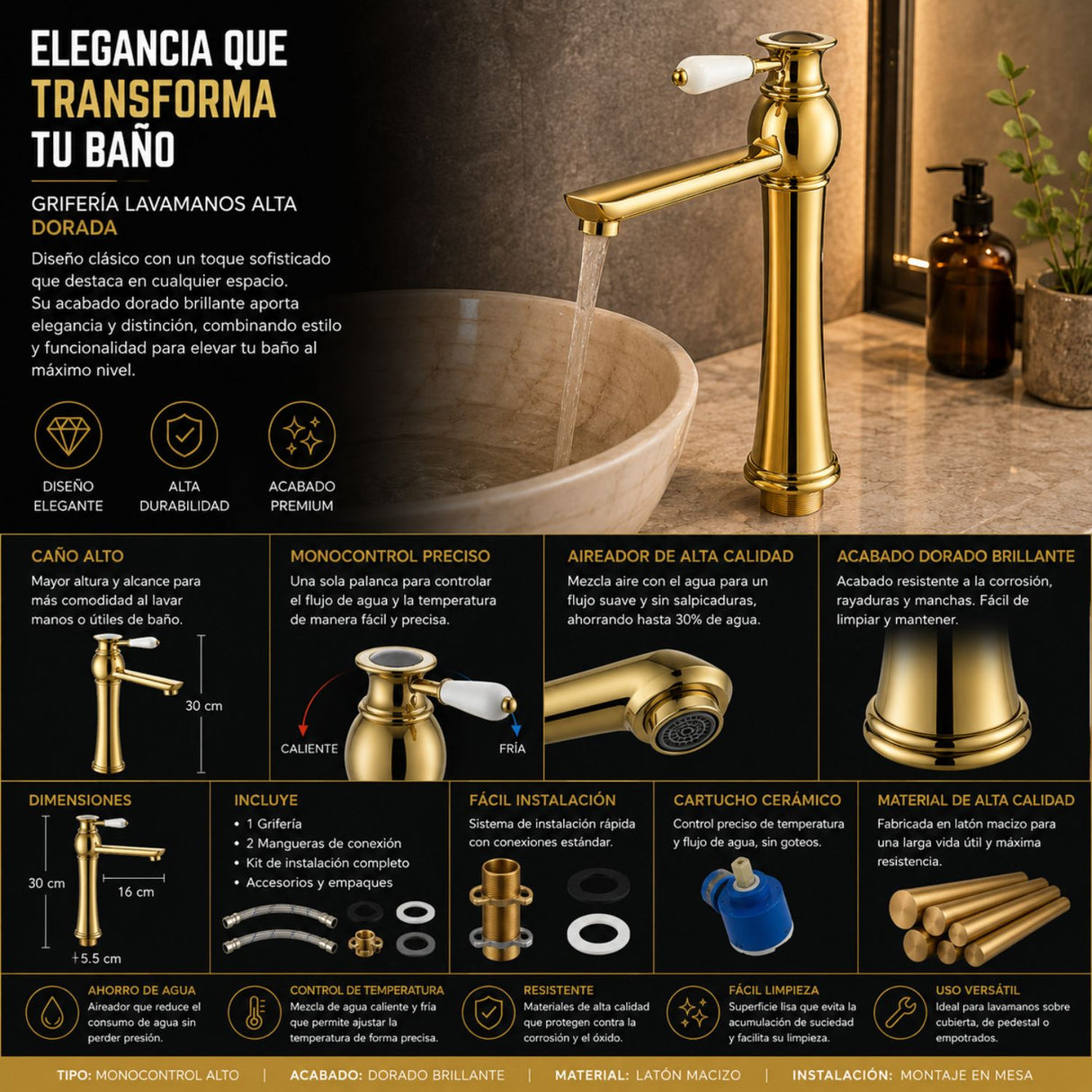 Grifería Monocontrol Lavamanos Alto Oro con Manija en Porcelana | Diseño Vintage Elegante