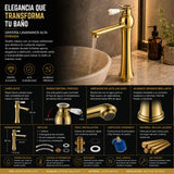 Grifería Monocontrol Lavamanos Alto Oro con Manija en Porcelana | Diseño Vintage Elegante