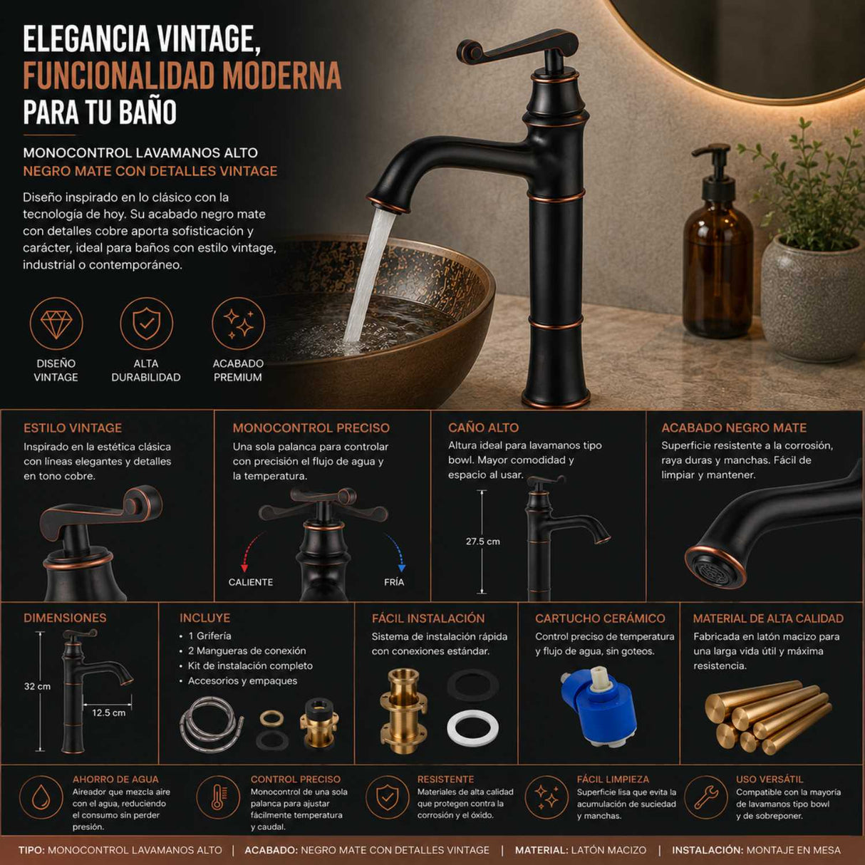 Grifería Monocontrol Lavamanos Alta Negro Mate | Diseño Moderno para Lavamanos Sobreponer