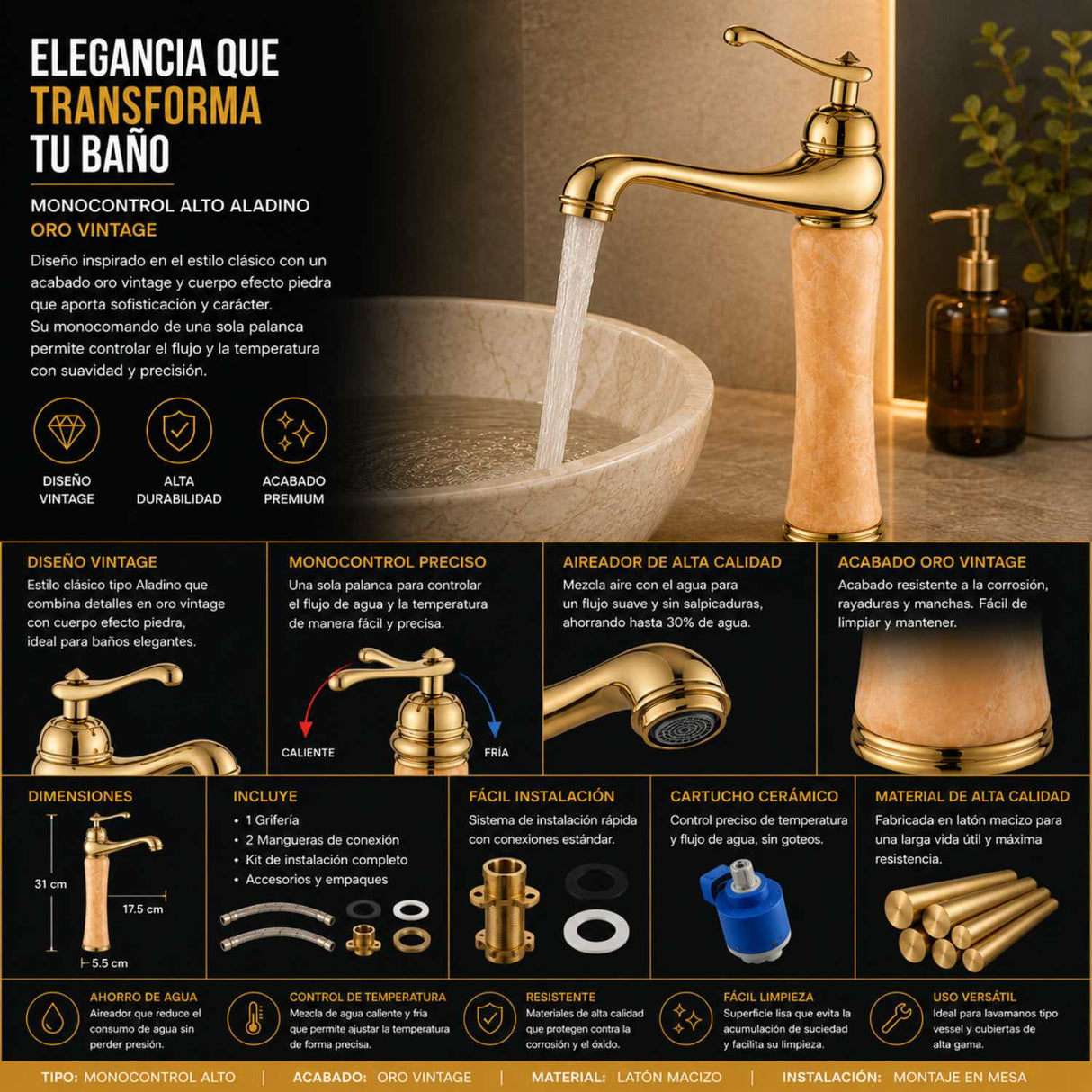 Grifería Monocontrol Lavamanos Alto Aladino Oro Vintage | Diseño Elegante para Baño Moderno